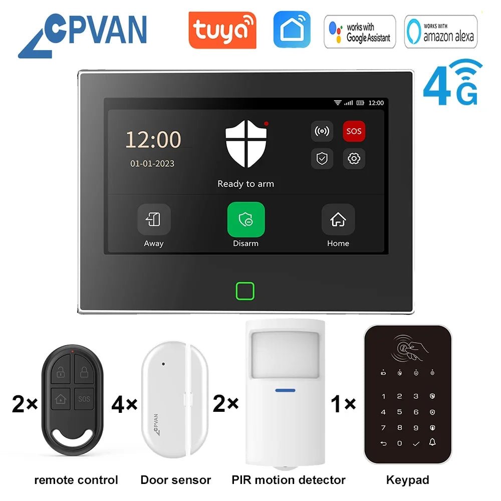 CPVAN Tuya smart Home Alarm System Wireless WiFi 4G 7 inch Home burglar Security Protection Alarm Kit Built - in 5000mAh Battery - Smart Home Advances