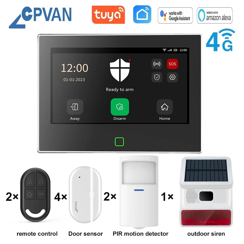 CPVAN Tuya smart Home Alarm System Wireless WiFi 4G 7 inch Home burglar Security Protection Alarm Kit Built - in 5000mAh Battery - Smart Home Advances