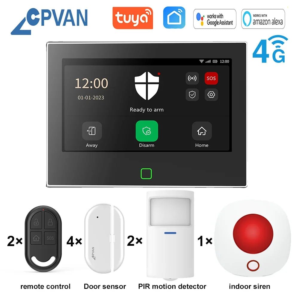 CPVAN Tuya smart Home Alarm System Wireless WiFi 4G 7 inch Home burglar Security Protection Alarm Kit Built - in 5000mAh Battery - Smart Home Advances