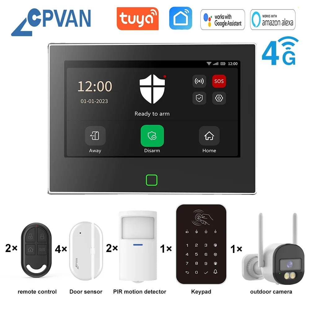 CPVAN Tuya smart Home Alarm System Wireless WiFi 4G 7 inch Home burglar Security Protection Alarm Kit Built - in 5000mAh Battery - Smart Home Advances