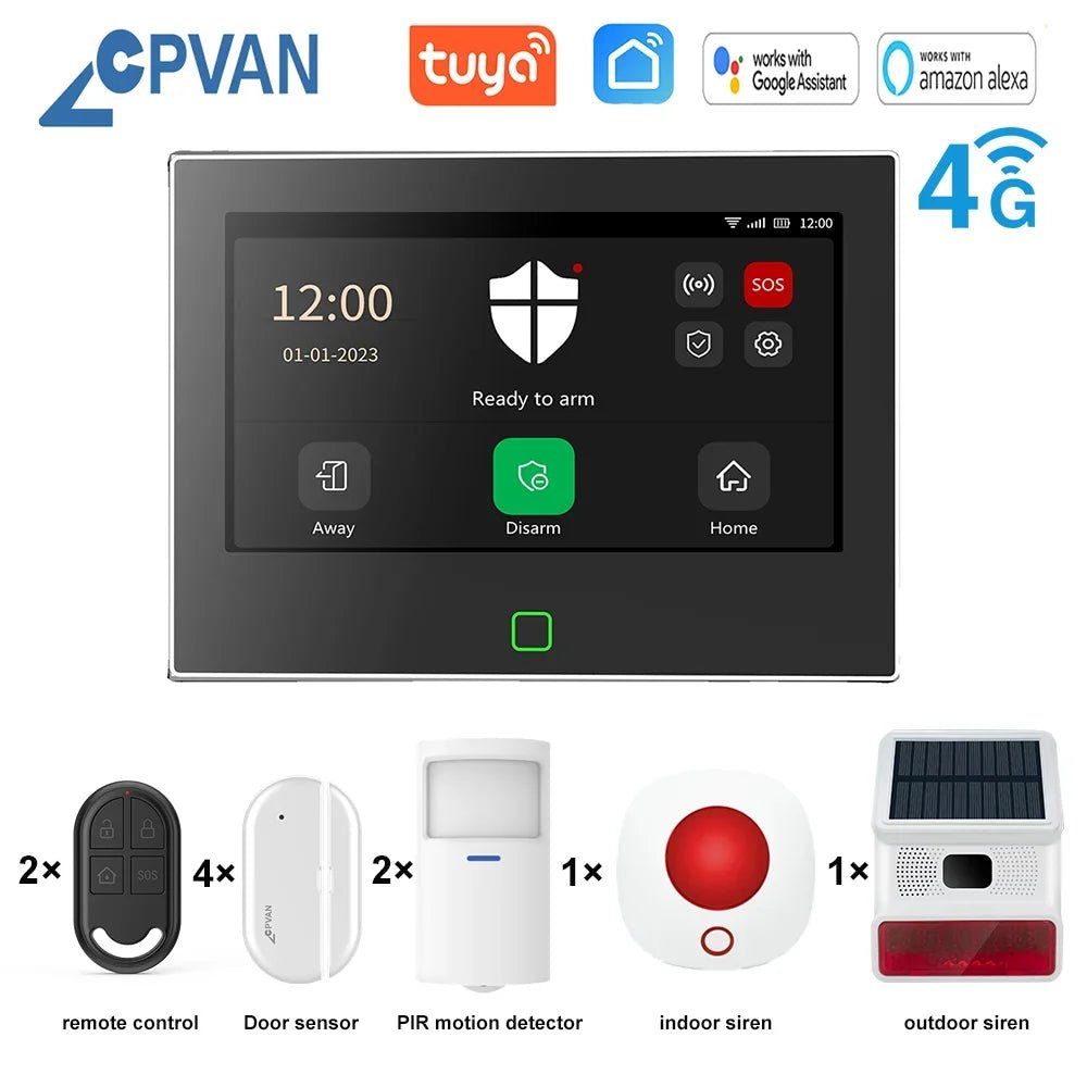 CPVAN Tuya smart Home Alarm System Wireless WiFi 4G 7 inch Home burglar Security Protection Alarm Kit Built - in 5000mAh Battery - Smart Home Advances