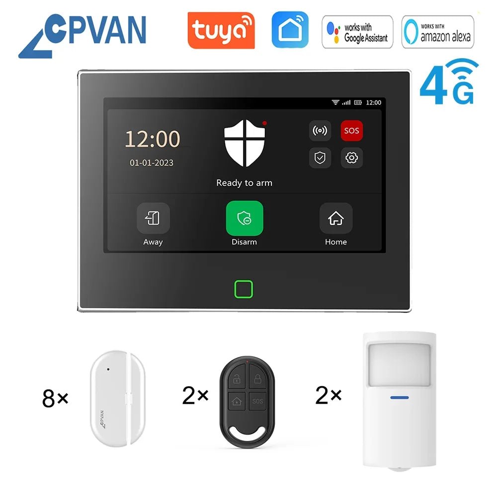 CPVAN Tuya smart Home Alarm System Wireless WiFi 4G 7 inch Home burglar Security Protection Alarm Kit Built - in 5000mAh Battery - Smart Home Advances