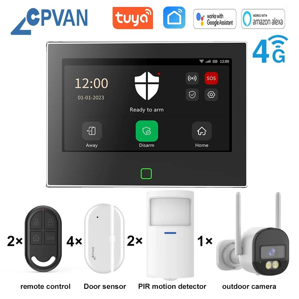 CPVAN Tuya smart Home Alarm System Wireless WiFi 4G 7 inch Home burglar Security Protection Alarm Kit Built - in 5000mAh Battery - Smart Home Advances